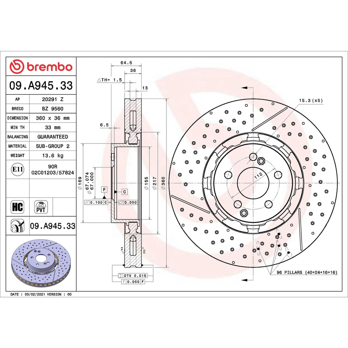 Brembo 09.A945.33 Dual Cast vented drilled/grooved Front Brake
