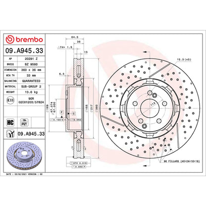 Brembo 09.A945.33 Dual Cast vented drilled/grooved Front Brake