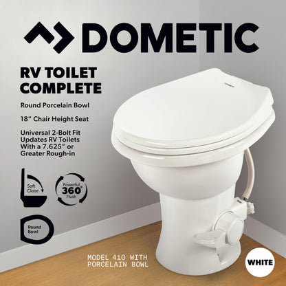 Dometic 9610008260 Dometic Model 410 Complete RV Toilet – Round Porcelain Bowl, Universal Fit & 2-Bolt Mount, 18" Chair Height Residential-Style, Gravity Flush Toilet with Soft-Close Seat, Bone (9610008260)