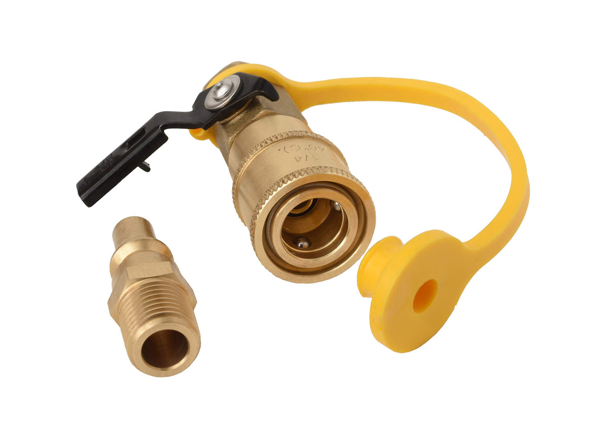 FLAME KING AB226 Flame King 1/4" RV Propane Quick Connect Adapter for Propane Hose, 1/4" Quick Connect or Disconnect Kit - Shutoff Valve & Full Flow Plug - 100% Solid Brass