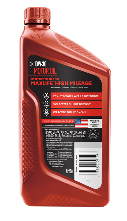 VALVOLINE 797976 Valvoline MaxLife High Mileage 10W-30 Synthetic Blend Motor Oil 1 Quart, Pack of 6