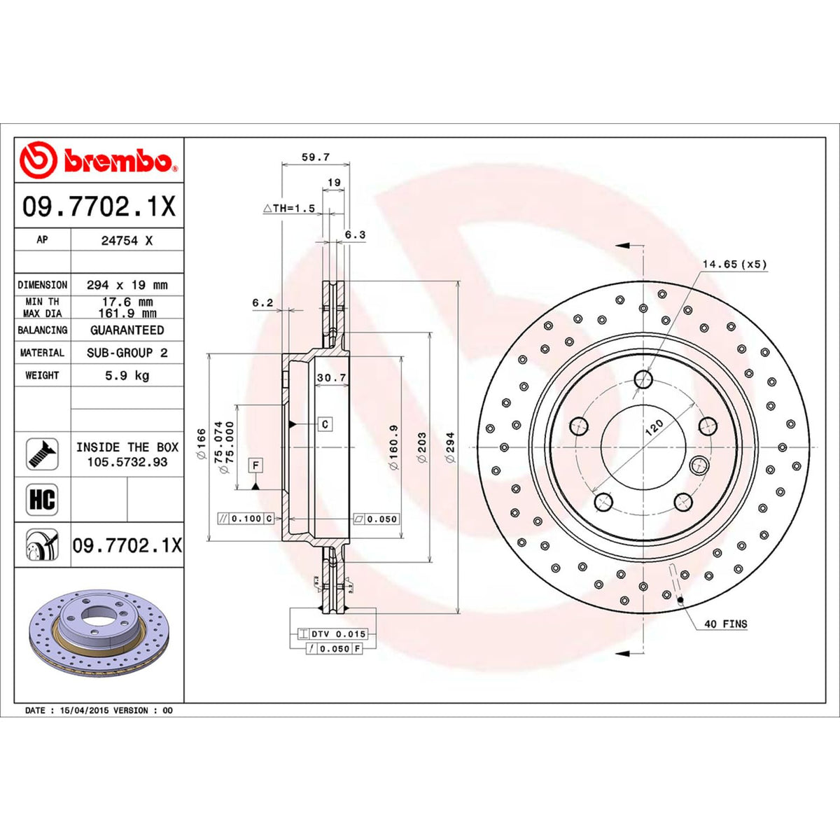 BREMBO 0977021XC02 Brembo 09.7702.1X Xtra UV Coated vented drilled Rear Brake Rotor BMW/BMW (BRILLIANCE) OE# 34216855154
