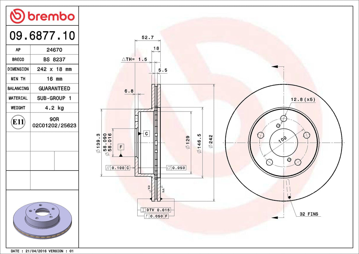 BREMBO 09A44511C02 Brembo 09.A445.11 UV Coated vented Front Brake Rotor HYUNDAI/HYUNDAI (BEIJING)/KIA/KIA (DYK) OE# 517121G000