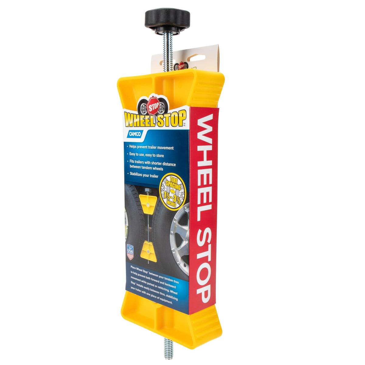 CAMCO 44652 Camco Small RV Wheel Stop - Features a Lightweight Heavy-Duty Design with a Rubber Handle, Prevents Shifting of Trailer Tandem Tires While Parked or Re-Hitching, and Fits 26” to 30” Tires (44652)