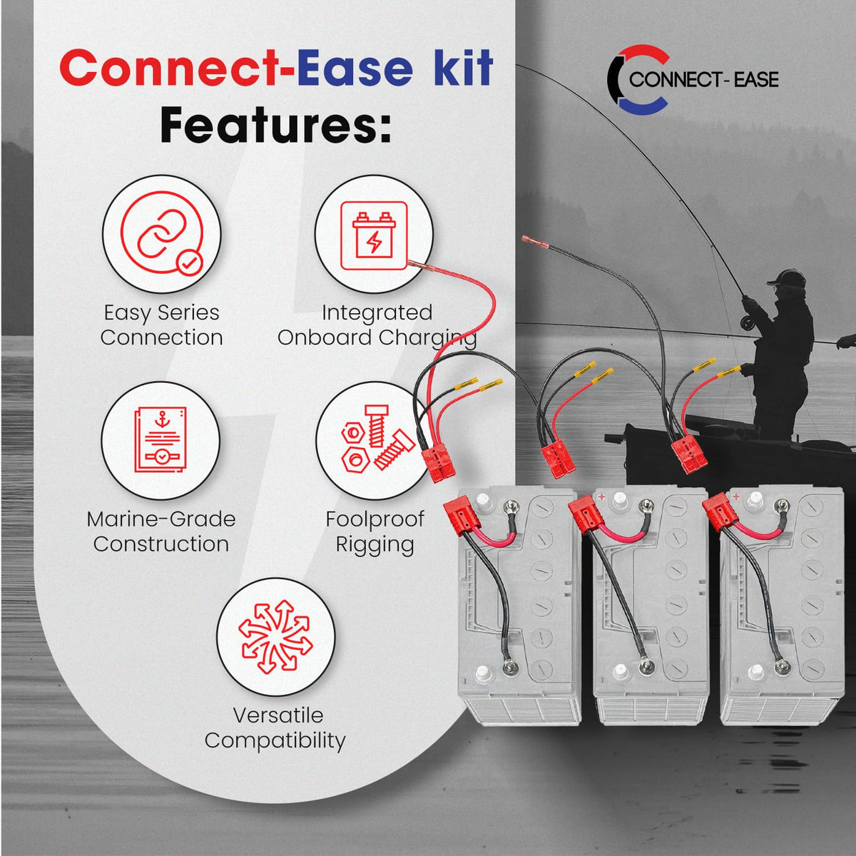 CONNECT EASE RCE36VBCHK Connect-Ease 36V Trolling Motor Connection Kit RCE36VBCHK | Series Connection for 12V Batteries with Onboard Battery Charger | Powers any 36V Trolling Motors | Plug and Play | Batteries Not Included