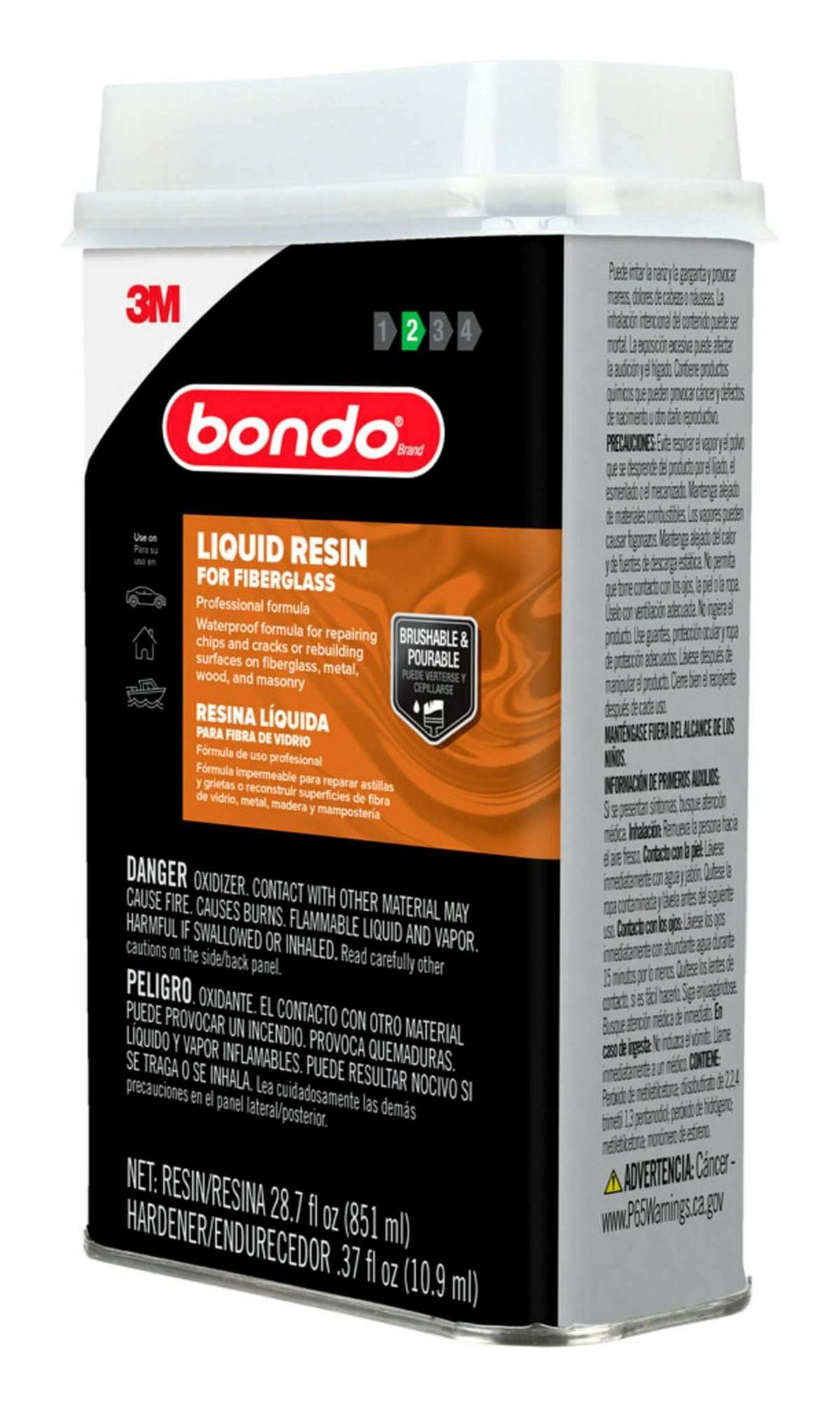 3M 402 3M Bondo Fiberglass Resin 28.7 US Fl oz Filler with 0.37 Fl oz Hardener, Stage 2, Waterproof Formula for Repairing, Resurfacing, or Rebuilding Metal, Wood, Fiberglass or Masonry Surfaces (00402)