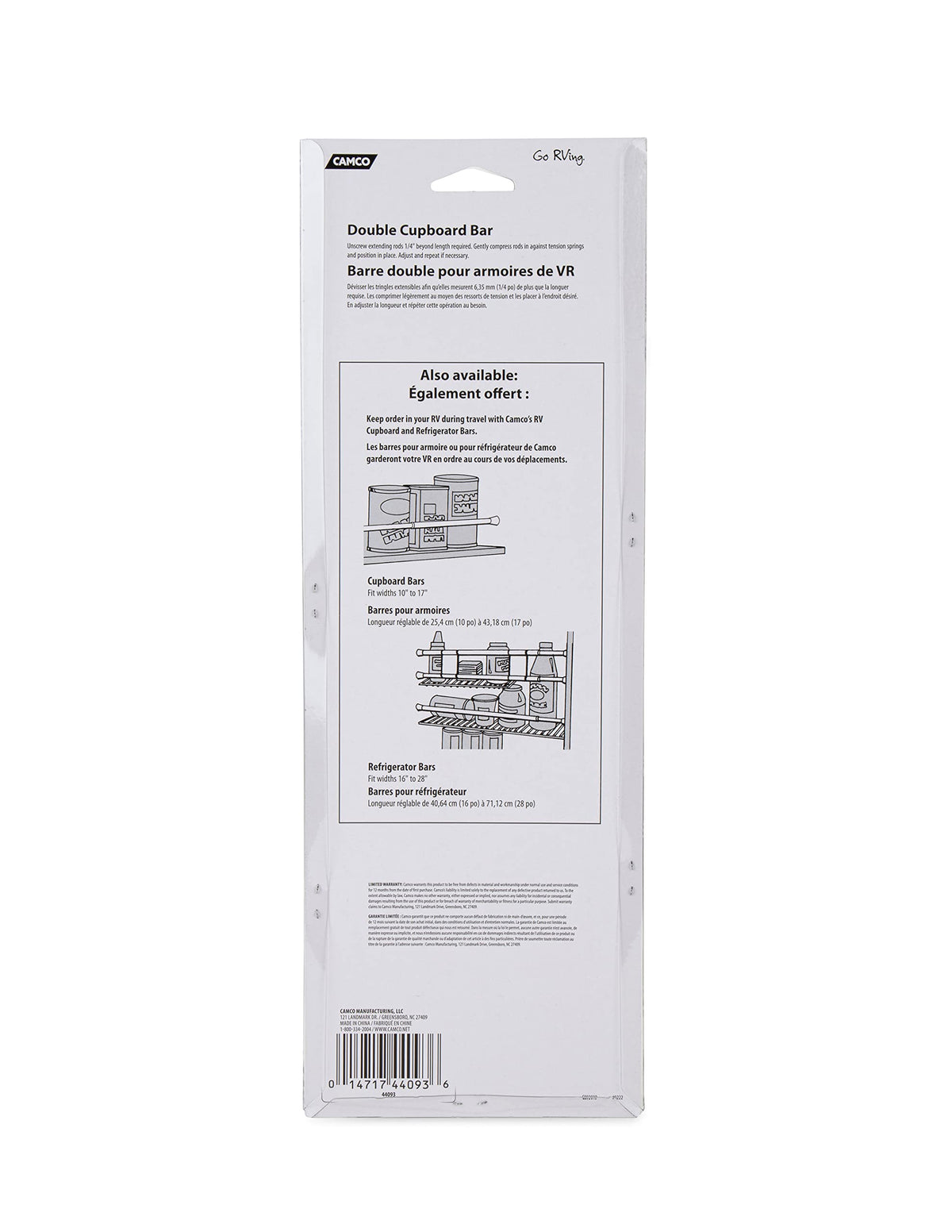 CAMCO 44093 Camco 17" Double RV Refrigerator Bar -Holds Food and Drinks in Place During Travel - Prevents Messy Spills - Spring Loaded and Extends Between 10" and 17" - White (44093)