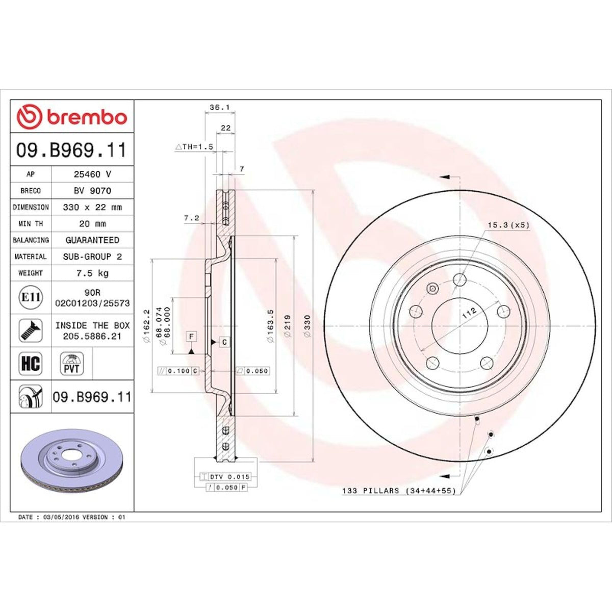 BREMBO KT00978 Brembo - Rear Brake Kit for Various Audi Models - Ceramic Brake Pads (P85154N) and Rotors (09.B969.11). Kit #KT00978