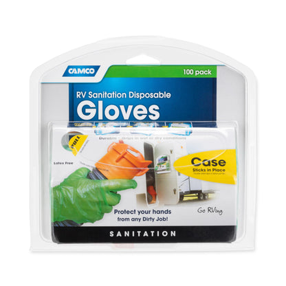 CAMCO 40285 Camco Durable All Purpose RV and Camper Disposable Sanitation Gloves | Ideal in Wet or Dry Conditions | Green Non-Latex Gloves | 100 Pack (40285)