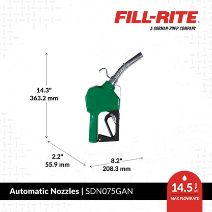 FILL RITE SDN075GAN Fill-Rite SDN075GAN ¾" 3 to 15 GPM Automatic Standard Duty Fuel Transfer Nozzle, Green - For Gasoline, Diesel, Biodiesel up to B20, E15 & Kerosene