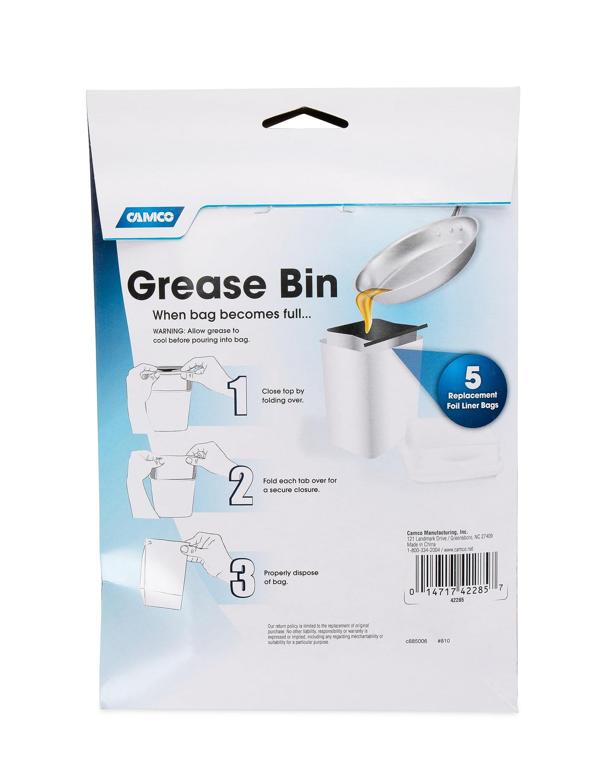 CAMCO 42285 Camco Replacement Grease Storage Bags - Easily Contain and Dispose Used Cooking Grease, Foil Lined Bags Seal in Odor, Prevent Drain Clogs - 5 Pack (42285), White