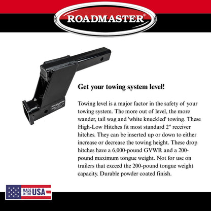 ROADMASTER 076 Roadmaster 076 Hi-Low Receiver Hitch with 6" Offset fits 2" Receiver Hitch | 6000 lbs Towing Capacity | 200 lbs Max Tongue Weight | Durable Powder Coat Finish | Made in the USA