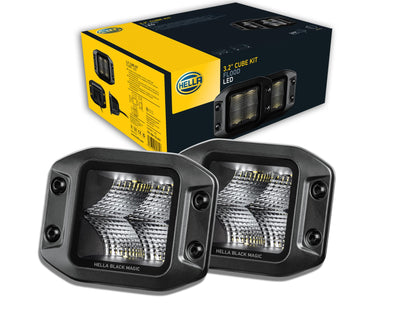HELLA 358176831 Hella 1FA 358 176-831 LED Headlight Black Magic Cube Kit 3.2 Inch 12/24 V Mounting Cable 500 mm Connector German Plug Set