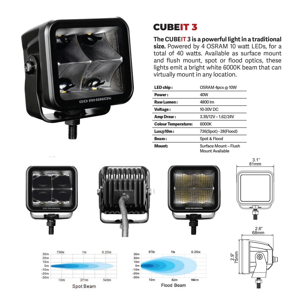GO RHINO 750400321FCS Go Rhino! Xplor Lighting: Blackout Series 3x3 LED Cube Flood Light Kit (Pair) – Surface Mount (Threaded Stud Mount) Aluminum, Black – 750400321FCS