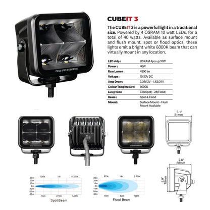 GO RHINO 750400321FCS Go Rhino! Xplor Lighting: Blackout Series 3x3 LED Cube Flood Light Kit (Pair) – Surface Mount (Threaded Stud Mount) Aluminum, Black – 750400321FCS