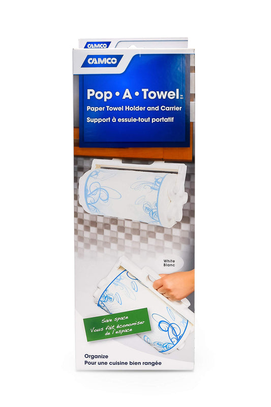 CAMCO 57111 Camco Pop-A-Towel- Mountable or Portable Paper Towel Holder Dispenser, Keep Paper Towels Clean, Conserve Space in Your RV Kitchen (White) (57111)