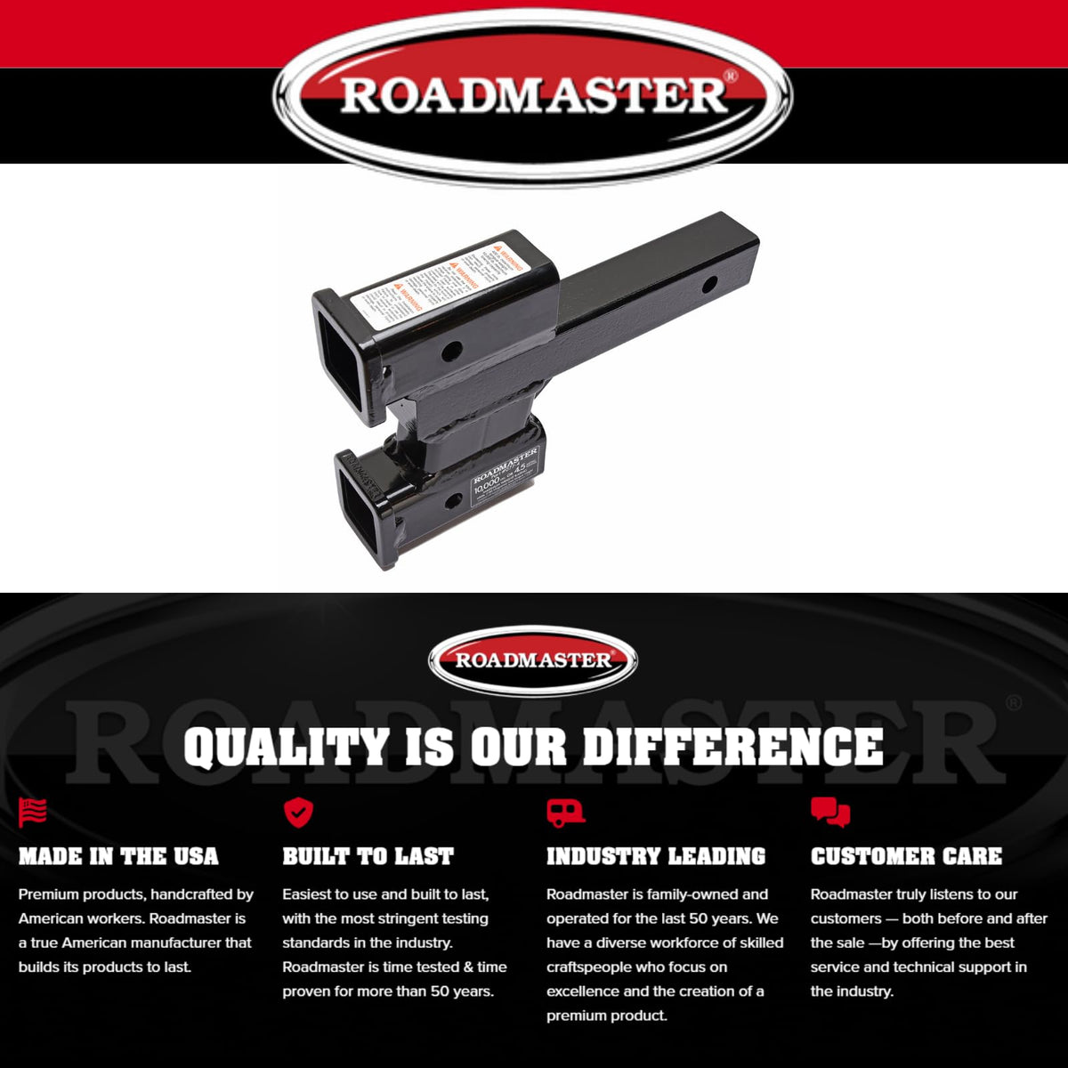 ROADMASTER 077-4 Roadmaster 077-4 Dual Receiver Hitches with 2" Top and 4" Bottom Offset fits 2" Receiver Hitch | 10,000 lbs Towing Capacity | 400 lbs Max Tongue Weight | Durable Powder Coat Finish | Made in the USA