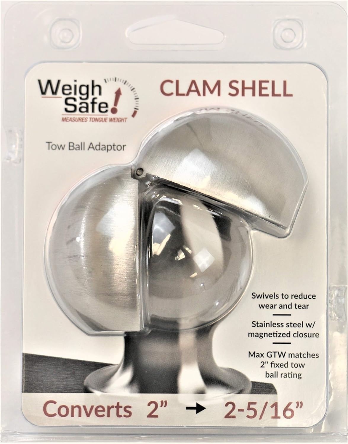 WEIGH SAFE WS07 Weigh Safe Clamshell - Stainless Steel Tow Ball Adapter - Converts 2" Tow Ball to 2-5/16" - Universal Fit - Premium Hitch Accessory