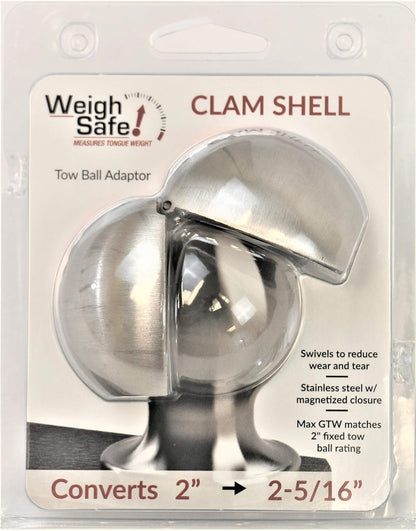 WEIGH SAFE WS07 Weigh Safe Clamshell - Stainless Steel Tow Ball Adapter - Converts 2" Tow Ball to 2-5/16" - Universal Fit - Premium Hitch Accessory