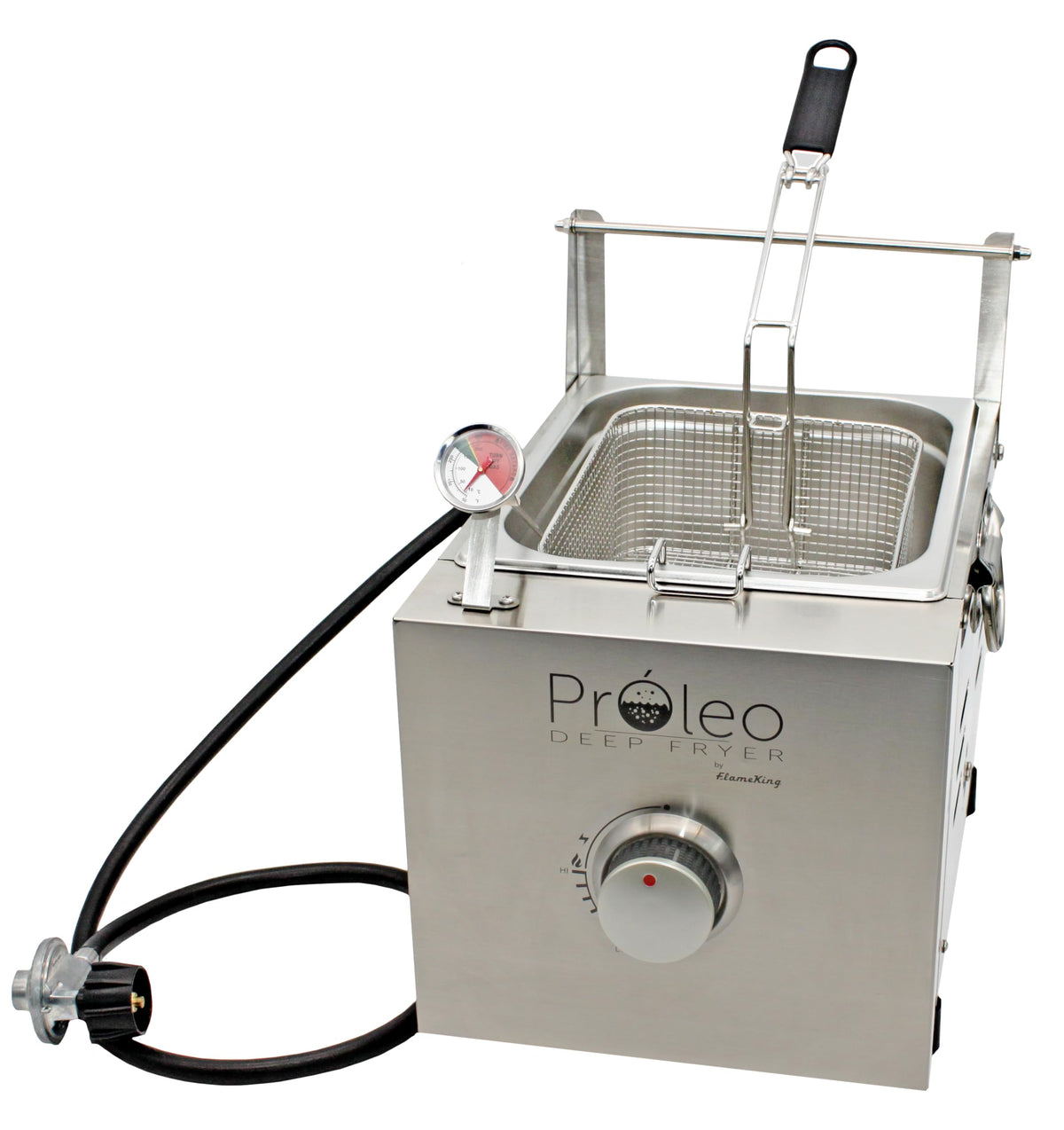 FLAME KING PROLEO Flame King Proleo Tabletop Propane Deep Fryer with Oil Thermometer, 2.5 Gallons Capacity, with 5-FT Propane Regulator Hose
