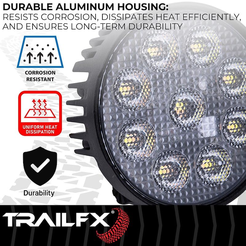 TRAILFX 4RNDWLAMF1 TrailFX 4RNDWLAMF1 Round LED Work Light 4 Inch 45W Flood Beam Dual White and Amber Flash 6600 Raw Lumens Black Aluminum Pedestal Mount and Installation Hardware