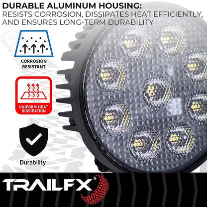 TRAILFX 4RNDWLAMF1 TrailFX 4RNDWLAMF1 Round LED Work Light 4 Inch 45W Flood Beam Dual White and Amber Flash 6600 Raw Lumens Black Aluminum Pedestal Mount and Installation Hardware