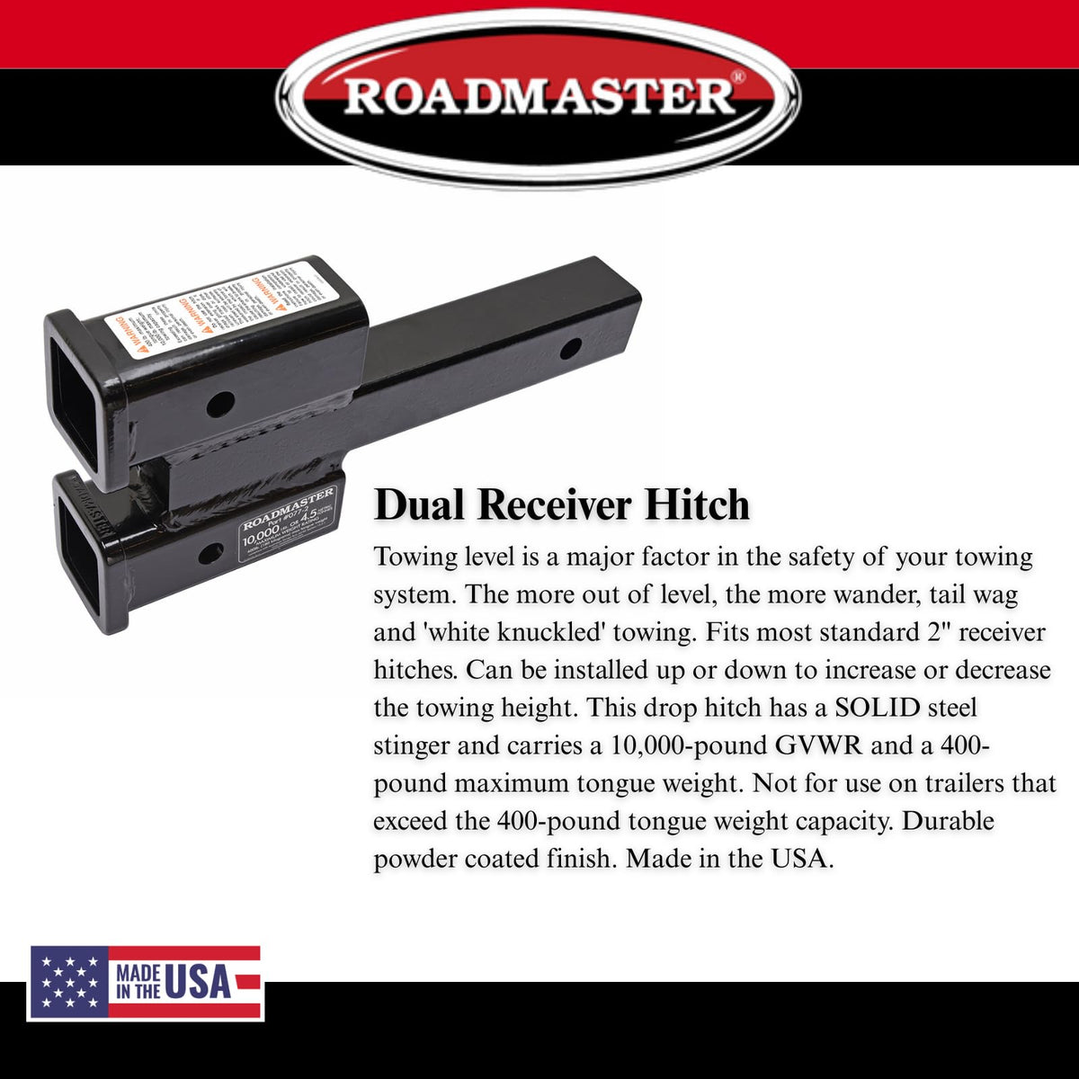 ROADMASTER 077-2 Roadmaster 077-2 Dual Receiver Hitches with 2" Top and Bottom Offset fits 2" Receiver Hitch | 10,000 lbs Towing Capacity | 400 lbs Max Tongue Weight | Durable Powder Coat Finish | Made in the USA