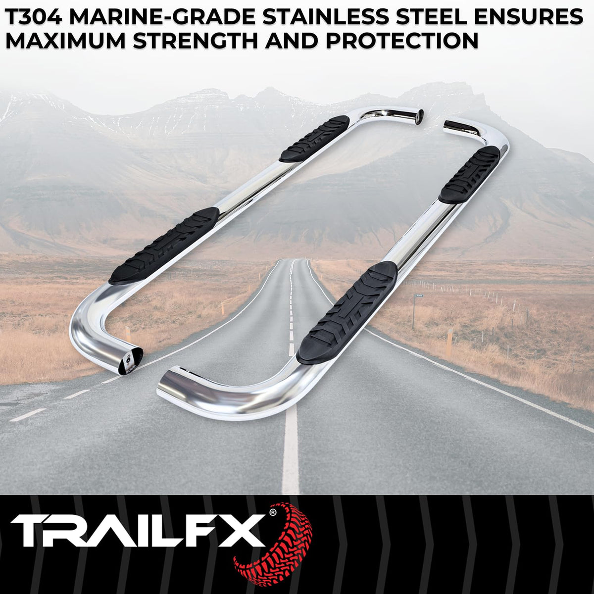 TRAILFX A1013S TrailFX Nerf Bars Fits Ram 1500 Quad Cab 2019-2025 Polished Marine-Grade Stainless Steel 4 Inch Oval Bent Side Steps with Slip-Resistant Step Pads Rocker Panel Mount Set of 2 Running Boards