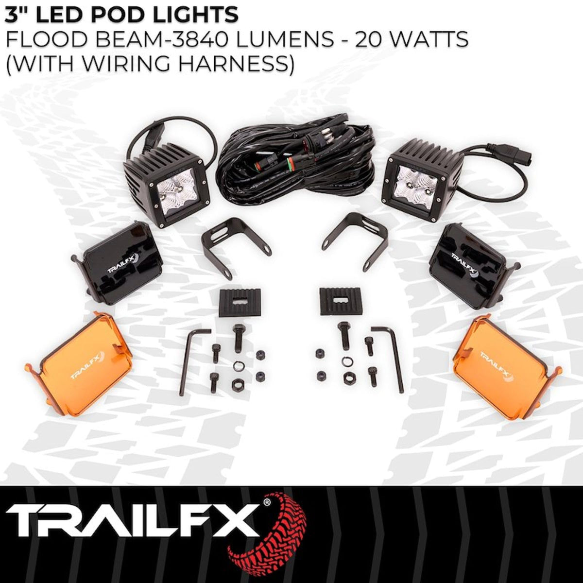 TRAILFX 2X2F2 Trailfx Driving/Fog Light 2X2F2, LED Bulb, 4 Clear LED 5 Watt Bulbs, 3 Inch Square, 90 Degree Flood Beam, Amber Polycarbonate Lens, Bracket Mount, 20 Watt Blubs Amp Draw 1.2 AMP At 12 Volts, Set Of 2