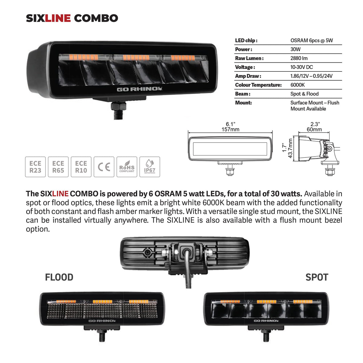 GO RHINO 750600622SBS Go Rhino Xplor Lighting: Blackout Combo Series Sixline Spot Lights (Pair) | Surface Mount (Threaded Stud Mount) Aluminum, Black | 750600622SBS
