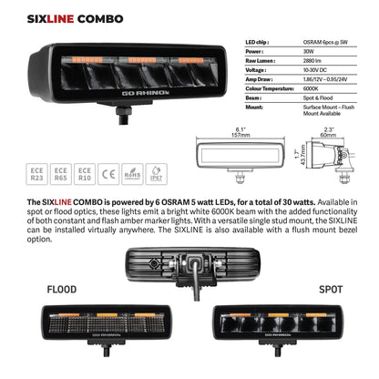 GO RHINO 750600622SBS Go Rhino Xplor Lighting: Blackout Combo Series Sixline Spot Lights (Pair) | Surface Mount (Threaded Stud Mount) Aluminum, Black | 750600622SBS