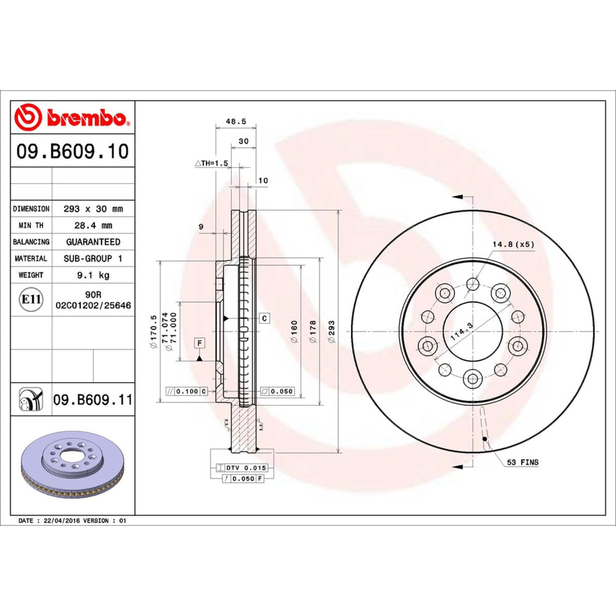 BREMBO 09B60911C02 Brembo 09.B609.11 UV Coated vented Front Brake Rotor FORD/MERCURY OE# 6F2Z1125A