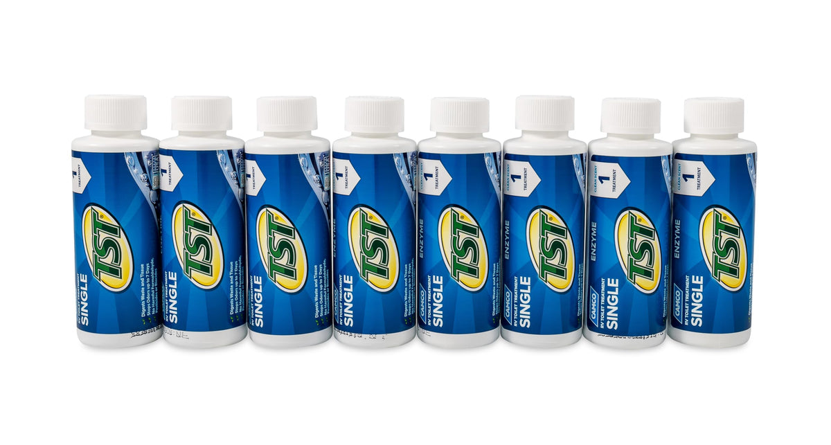 CAMCO 41501 Camco TST Blue Enzyme Toilet Treatment - Formaldehyde Free - Breaks Down Waste And Tissue - Septic Tank Safe -Treats up to 8-40 Gallon Holding Tanks - (8) 4 oz Bottles (41501)