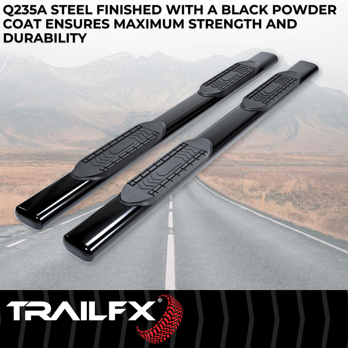 TRAILFX A8255B TrailFX Nerf Bars for Chevrolet Silverado 1500 Crew Cab 2019-2025 Steel 6 Inch Oval Straight Powder Coated Black with Step Pads, Rocker Panel Mount Running Boards TrailFX A8255B