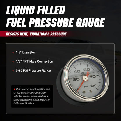 AEROMOTIVE 15632 Aeromotive Fuel Pressure Gauge 0-15 PSI - Liquid Filled Inline Fuel - 15632