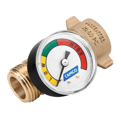 CAMCO 40064 Camco Brass Water Pressure Regulator with Gauge- Helps Protect RV Plumbing and Hoses from High-Pressure City Water - Easy Read Gauge (40064)
