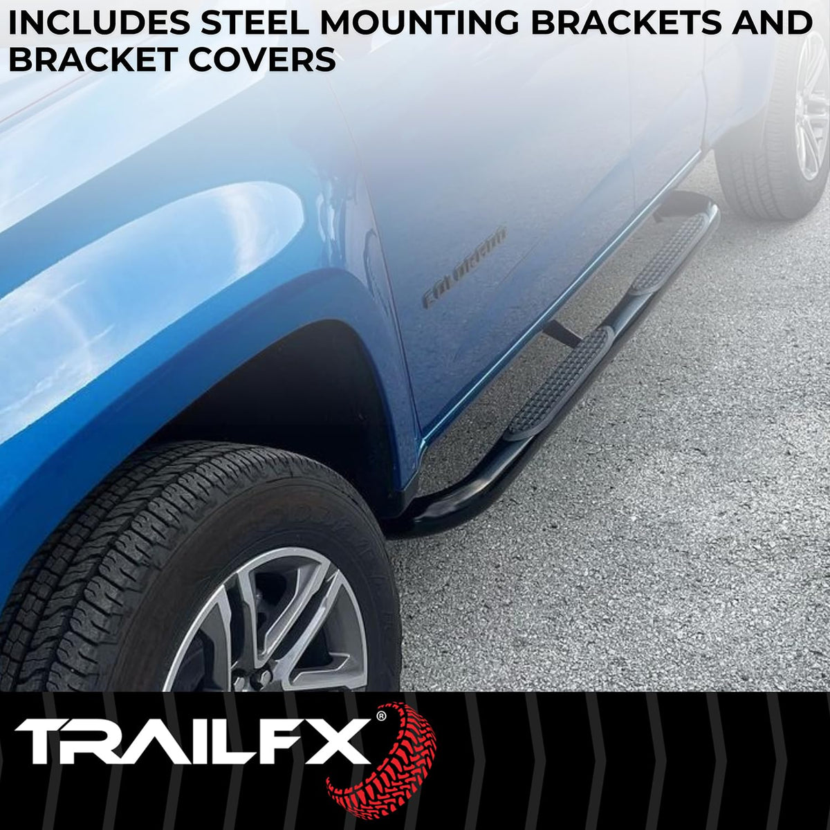 TRAILFX A0069T TrailFX Nerf Bar A0069T, 3 Inch Round Bent, Black Powder Coated, with Step Pads, W/O End Caps, Rocker Panel Mount, Fits 2025 Toyota 4Runner (Will Not Fit Models with Lower Rocker Panel Extensions)