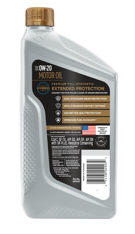 VALVOLINE 891682 Valvoline Extended Protection Full Synthetic Motor Oil SAE 0W-20 1 QT