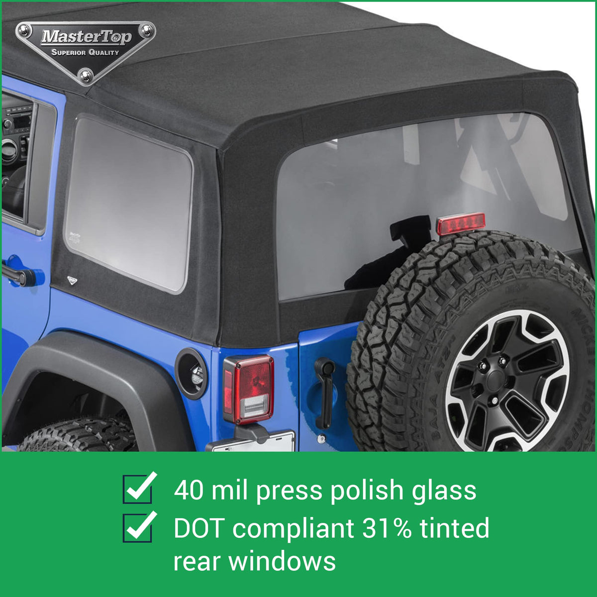 MASTERTOP 15201924 MasterTop Premium Replacement Fabric Only Soft Top - Fits Jeep Wrangler JK 4-Door 2010-2018 - Zip Up Removable Windows - DOT Approved 31% Window Tint - Upgraded Cable Style Design, Black MasterTwill