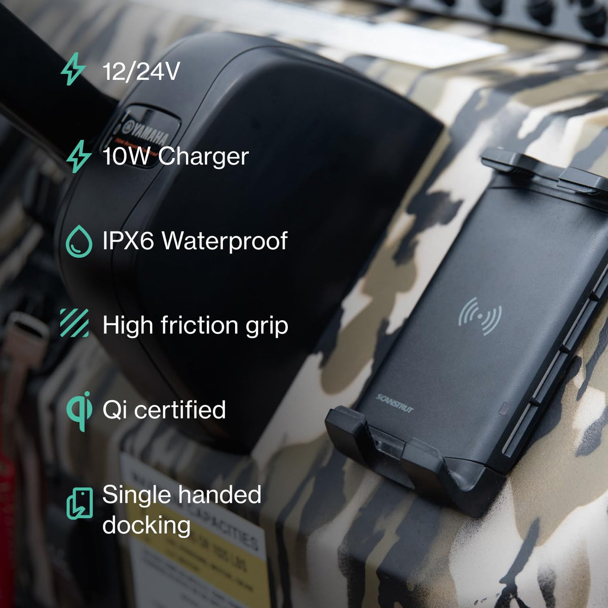 SCANSTRUT SC-CW-04G SCANSTRUT Active 15W Waterproof Wireless Charger Mount, IPX6 Rated, 12/24V Qi Fast Charging Phone Holder for Boats, RVs & ATVs, One-Hand Docking, Secure Grip, Universal Compatibility
