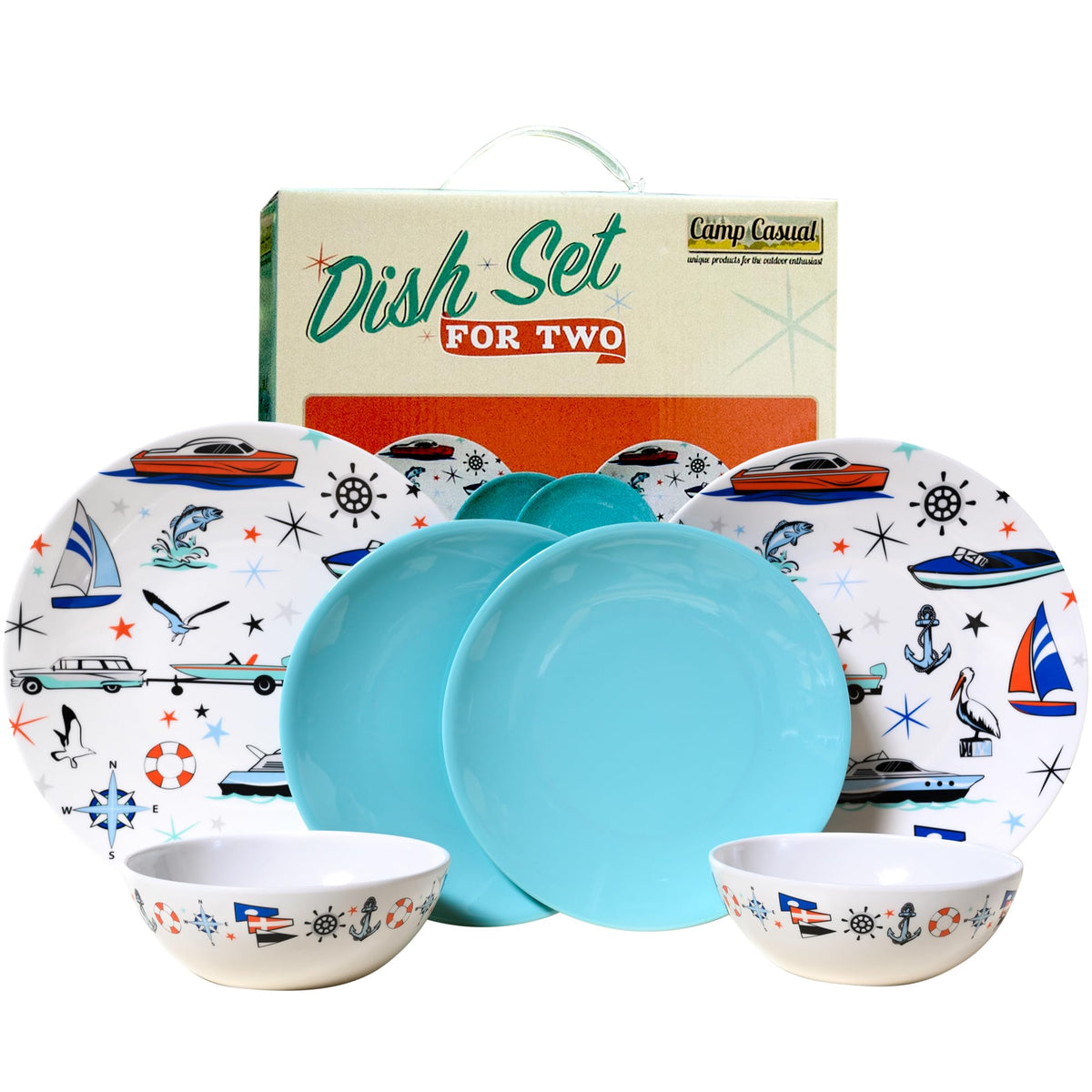 CAMP CASUAL CC-009 Melamine Dinnerware Sets - 6-pc Marine Dish Set - 2 Bowls, 2 Salad & 2 Dinner Melamine Plates for Indoor & Outdoor - BPA Free, Dishwasher Safe, Shatter-Res Dinnerware Set - Camping Dishes, Camp Casual
