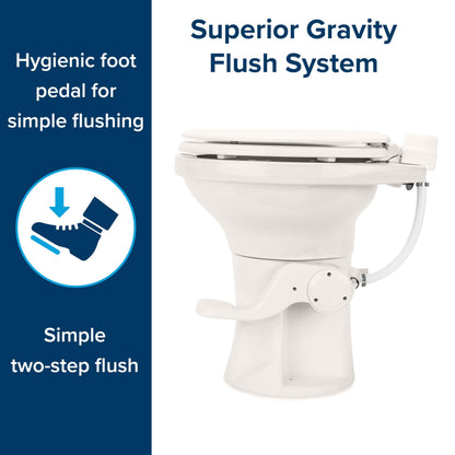 CAMCO 41715 Camco Premium Ceramic Camper/RV Toilet - Features Gravity Flush System w/Convenient Foot Pedal - Full-Sized Ergonomic Design w/18 Chair Height - Soft-Close Wood Seat & Lid - Bone (41715)