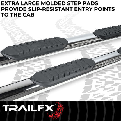 TRAILFX A1559S TrailFX 4 Inch Oval Straight Nerf Bars with Step Pads Fits 2024–2025 Toyota Tacoma Polished T304 Stainless Steel, Welded End Caps, Rocker Panel Mount, Bolt On Install Running Boards TrailFX A1559S