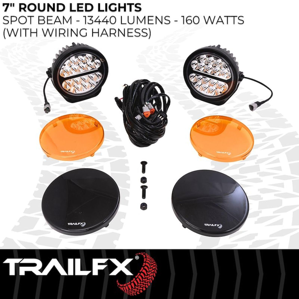 TRAILFX 7RNDS2 Trailfx 7RNDS2 Fog Lights Set of 2 Round 7 Inch LEDs 80W Spot Beam 6720 Raw Lumens Black Aluminum IP68/IP69K With Harness Switch Brackets Amber Lens