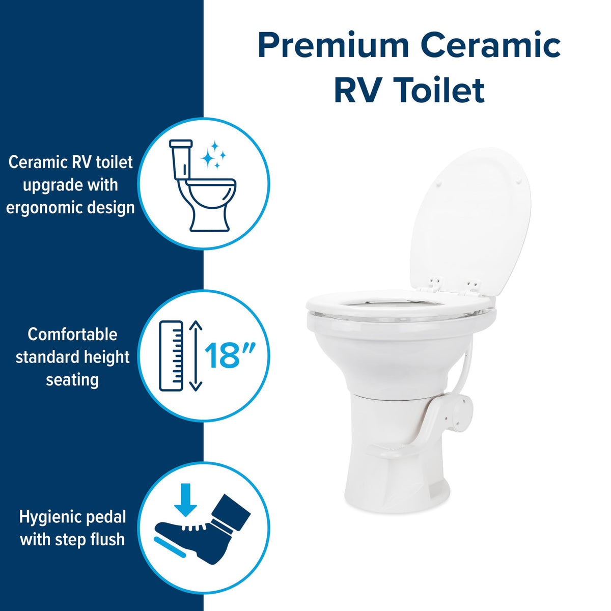 CAMCO 41710 Camco Premium Ceramic Camper/RV Toilet - Features Gravity Flush System with Convenient Foot Pedal & Full-Sized Ergonomic Design with 18" Chair Height - Soft-Close Wood Seat & Lid - White (41710)
