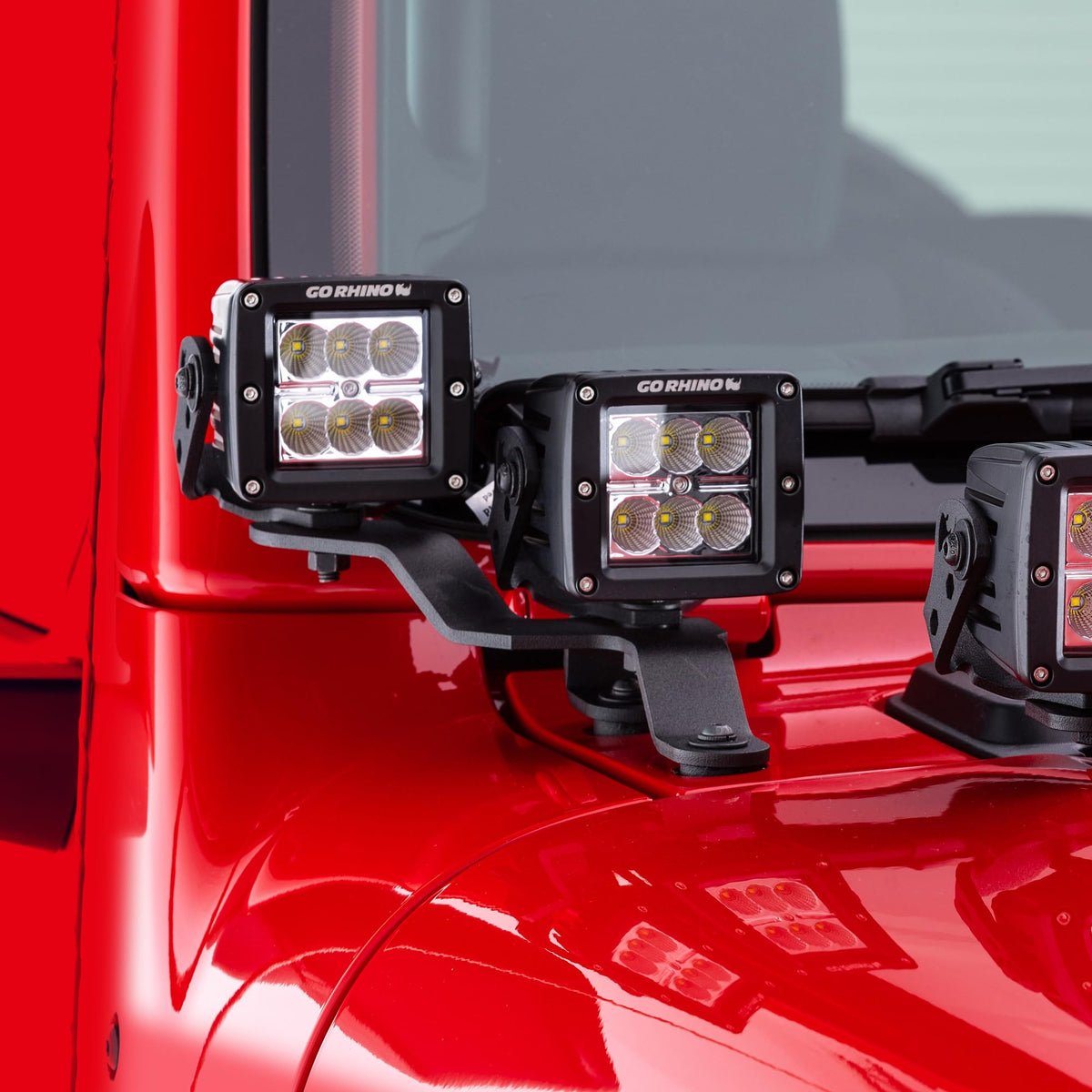 GO RHINO 730231T Go Rhino XE Windshield Cowl LED Light Mounts for Dual 3x3 LED Cubes Offset | Mild Steel, Textured Black | 730231T | Fits 2018-2024 Jeep Wrangler JL/JLU; 20-24 Jeep Gladiator JT Excludes Mojave
