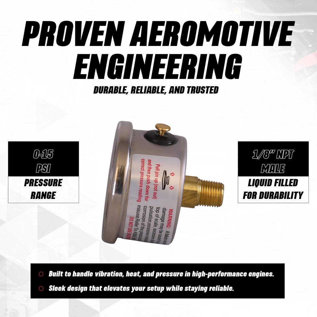 AEROMOTIVE 15632 Aeromotive Fuel Pressure Gauge 0-15 PSI - Liquid Filled Inline Fuel - 15632