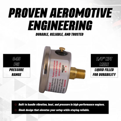 AEROMOTIVE 15632 Aeromotive Fuel Pressure Gauge 0-15 PSI - Liquid Filled Inline Fuel - 15632