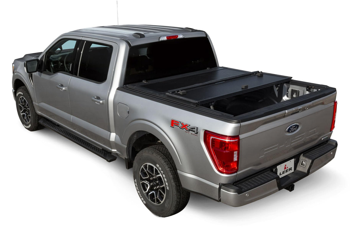 LEER 631286 LEER HF350M Tri-Folding Truck Bed Tonneau Cover, Fits Toyota Tacoma Double Cab with Deck Rail System, Years 2016-2023, 5'2" Truck Bed, Black
