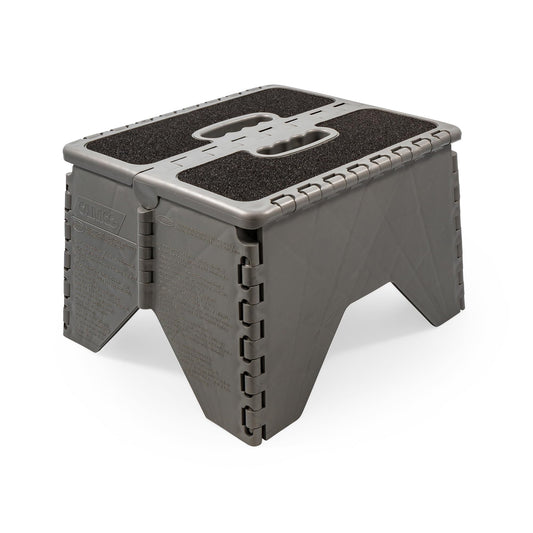 CAMCO 43635 Camco 9" Folding Step Stool with Non-Skid Feet, Folds Flat for Storage, Durable Resistant to Impact Plastic and Resistant to Slip Top Surface, Silver